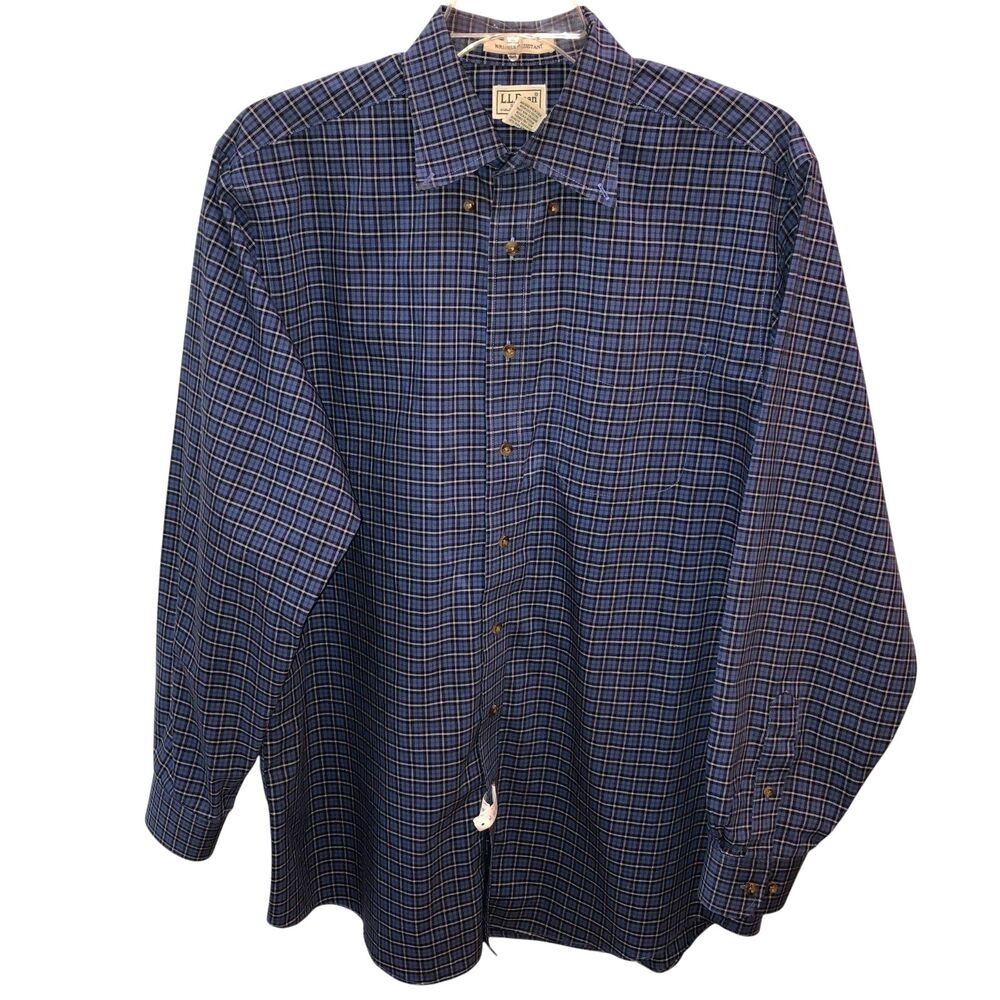 LL Bean Mens Large Tall Blue Plaid L/S Wrinkle Resistant Button Up Shirt LT